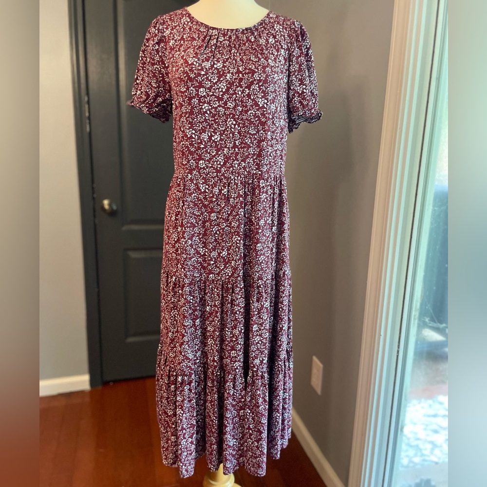 J Crew Tiered Floral Prairie Cottagecore Boho Burgundy Dress